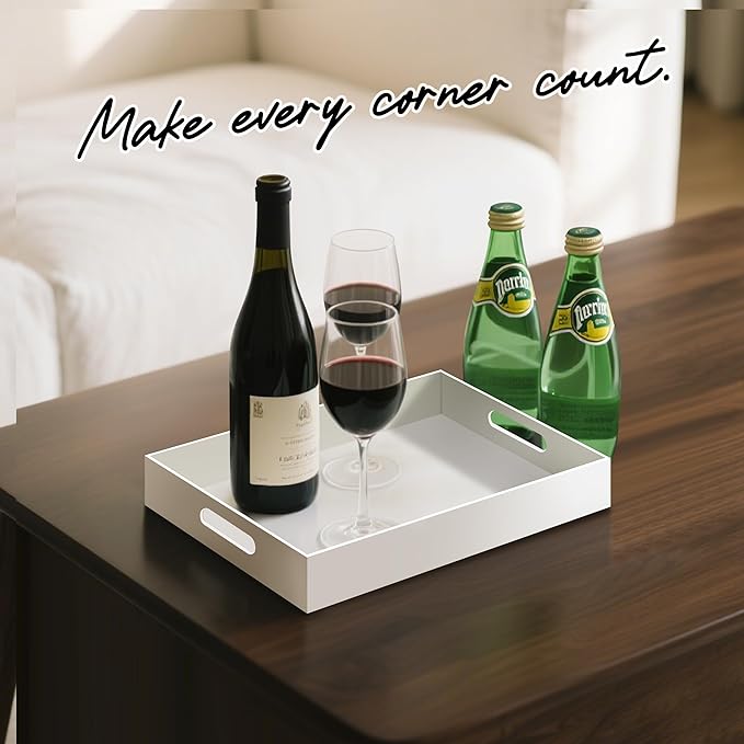 Glossy White Acrylic Serving Tray with Handles-Butler Trays for Coffee Table, Snacks,Breakfast in Bed, Kitchen Countertop,Vanity,Makeup Organizer,Ottoman (White, 10x15 Inches)