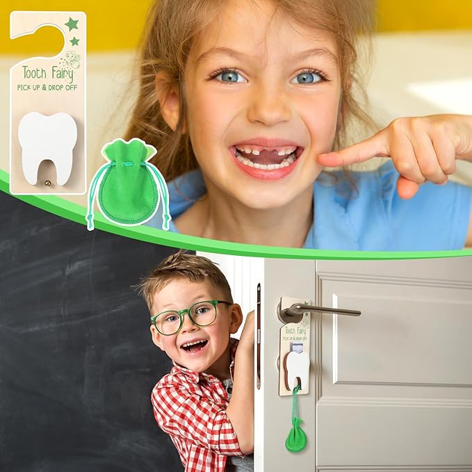 Tooth Fairy Holder Bag Hanger with Money Slot Keepsake Bottle Velvet Pouch Tooth Fairy Box Encourage Gift for Lost Teeth Boy Girl Milk(Classic,Green)