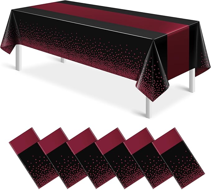 MASHAN 6Pcs Black Maroon Tablecloths, Rectangular Plastic Table Covers, 54x108 Inch, Polka Dot, Stain Resistant, Party Decorations