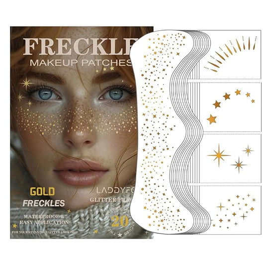 20 Pcs Gold Face Makeup Patches, Glitter Freckles Face Tattoo Gold Makeup, Glitter Freckles, Sparkle Makeup Patches, Waterproof Face Glitter Temporary Tattoos for Women
