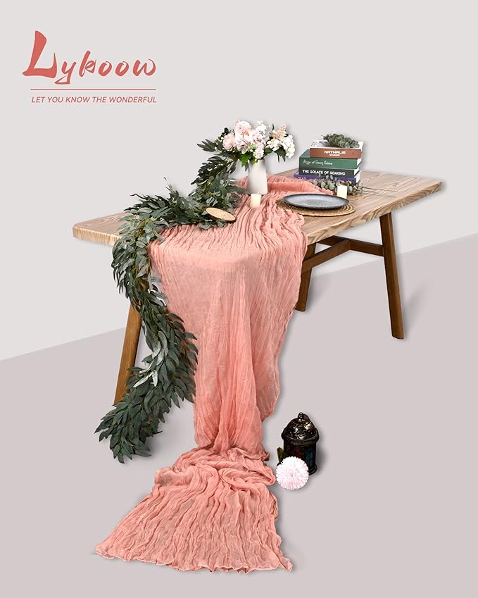 5 Packs Cheesecloth Runner Peach Coral, 35x120 Inch Rustic Gauze Boho Wedding Decoration, 10Ft Table Cloth for Party Bridal Shower