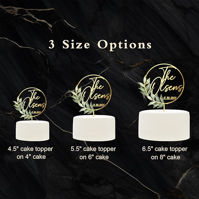 Personalized Wedding Cake Topper with Custom Bride & Groom's Last Name and Wedding Date Round Cake Decoration with Green Leaves