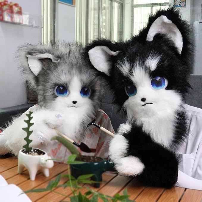 HAOAN Animal Furry Fursuit Head Mask Plush Cat Fox Mask Costume Props for Halloween Party