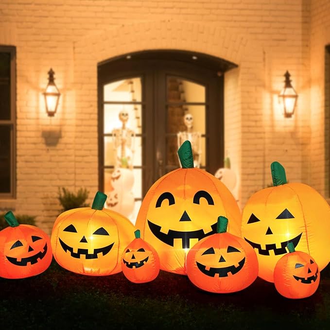 Halloween Inflatable Pumpkin Outdoor Decoration,JackoLanterns with Build-in LED Lights, Blow Up 7 Pcs Pumpkins Patch for Halloween Party Indoor Garden Lawn Yard Decor (7.5 FT 7 Pumpkins)
