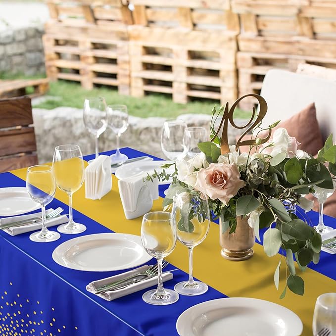 3Pcs Blue and Gold Tablecloth Party Decorations,Plastic Royal Blue Table Cloth Printed Gold Tables Runner Disposable Rectangle Table Cover for Birthday Anniversary Wedding Graduation Party,54 x108Inch