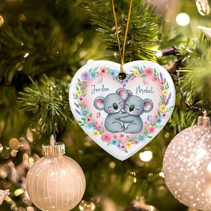 Personalized Koala Married Couple Xmas Ceramic Ornament, Koala with Flowers Heart Ornament Christmas, New Couple Keepsake Gift for Animal Lovers Couples, Custom Names Hugging Koalas Ornaments Xmas