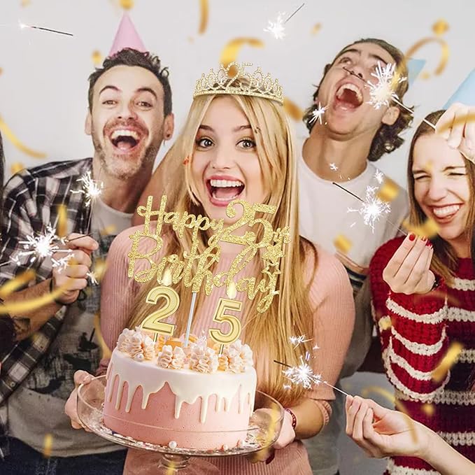 25th Birthday Decorations for Women Gold with 25th Birthday Sash and Crown, Cake Topper and Candles, Number Balloons, 25 Year Old Gifts for Women