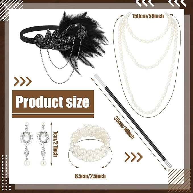 Maitys 1920s Accessories Set for Women Flapper Costume Feather Headband Necklace Bracelet Earrings