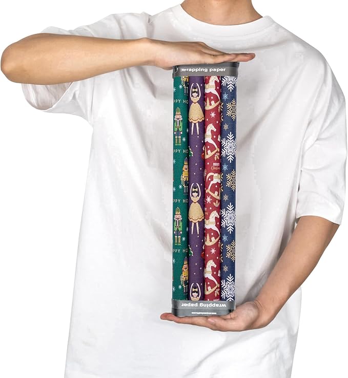 RUSPEPA Christmas Kraft Wrapping Paper Roll - Nussknacker Solider, Trojan Horse, Ballet Girl and Snowflake Design - 17 inches x 10 feet per Roll, Total of 4 Rolls