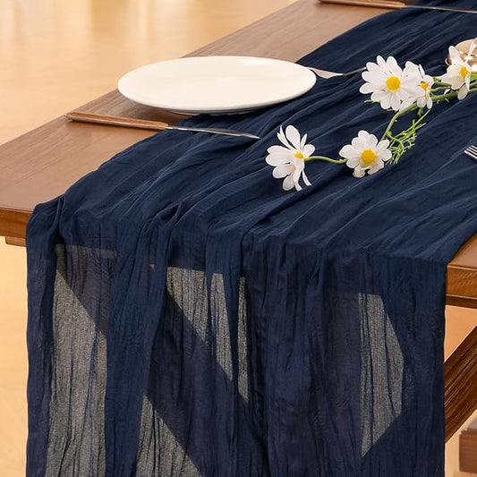 Socomi 3pcs Navy Blue Fall Thanksgiving Cheesecloth Table Runner Boho Rustic Gauze 120 inch 10FT Cheese Cloth Runner for Wedding Party Baby Shower Birthday Home Decor Holiday Decorations