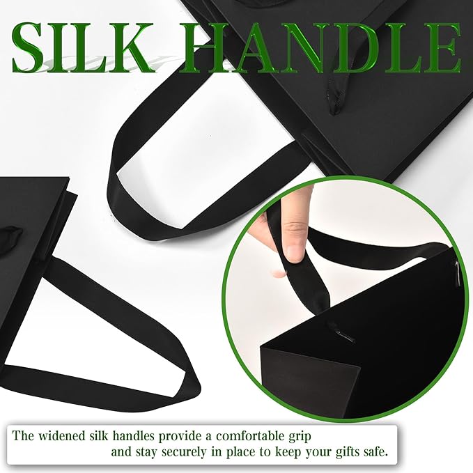 Black Gift Bags With Handles, 12.5x4.5x11 Inch Sturdy Kraft Paper Gift Bags 12 Pcs, Bulk for Wedding, Party, Birthday, Business and Shopping, Large Size