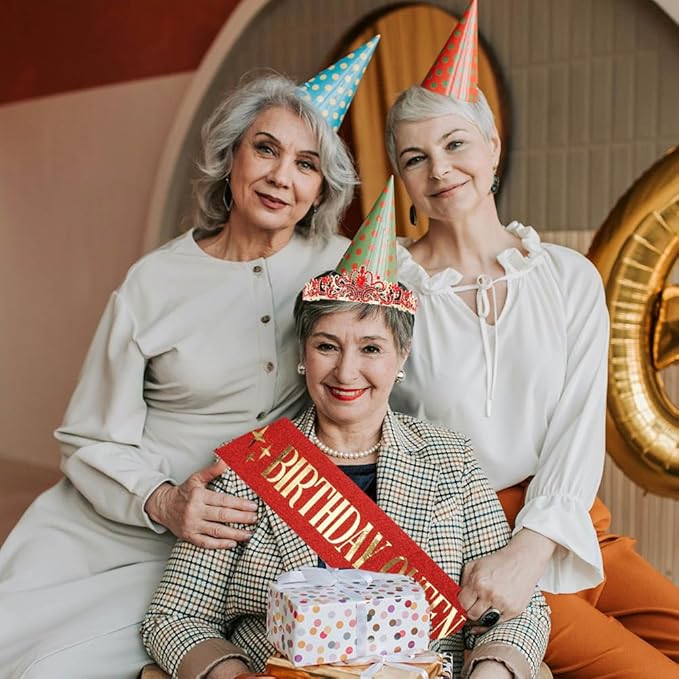 Birthday Queen Tiara & Sash for Women Girls, Rhinestone Headband Princess Crown with comb Happy Birthday Party Decorations Favors Supplies (Red)