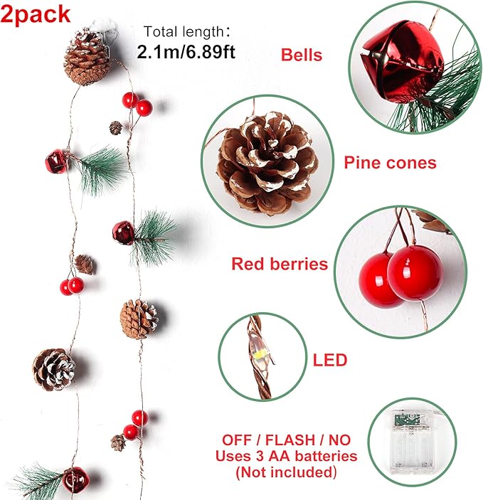 RECUTMS Christmas Garland with Pine Cones, Red Berry, 6.5FT, 20 LED Fairy Pinecone Lights for Fireplace Mantle, Winter Xmas Tree Party Indoor Outdoor Decorations (2 Pcs)