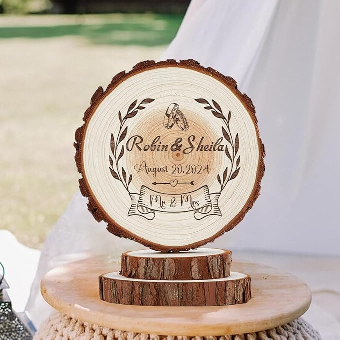Personalized Rustic Wedding Cake Topper Wood Boho Custom Wedding Cake Toppers Mr Mrs, Wooden Slice Groom and Bride Gifts Decorations, Country Style Anniversary Party Supplies in Wood