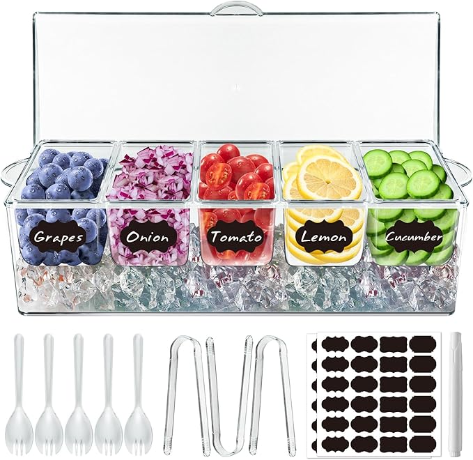 Chilled Condiment Server Tray, Bar Fruit Caddy with Lid and 5 Removable Compartments, Clear Ice Condiment Serving Tray for Party, Toppings Bar Container, Garnish