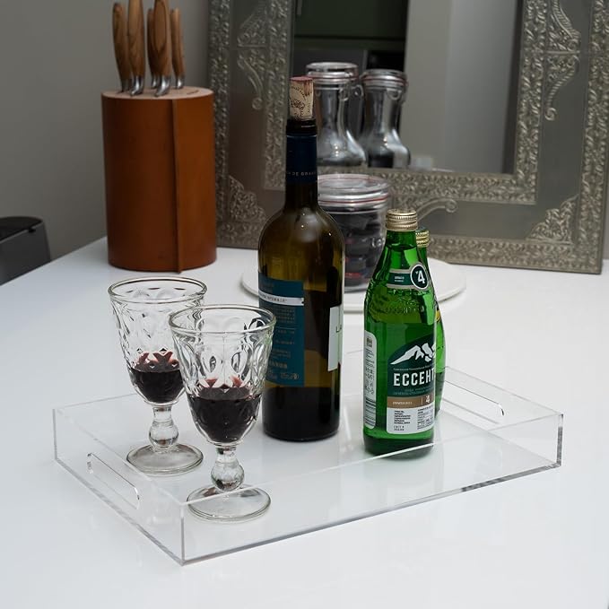 Clear Sturdy Acrylic Serving Tray with Handles 10x15x2H Inches -Spill Proof- Decorative Trays Countertop Organizer for Ottoman Coffee Table Nightstand, sidetable, Breakfast, Tea, Food