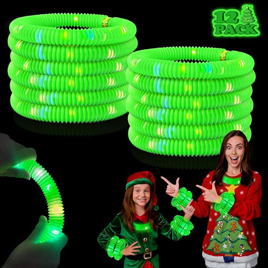 12-24 PCS Green Glow Sticks Christmas Party Favors for Kids,LED Light up Pop Tubes for Toddlers,Neon Necklaces Bracelets Accessories,Glow New Year Eve Party Supplies Birthday Dance Camping Decorations