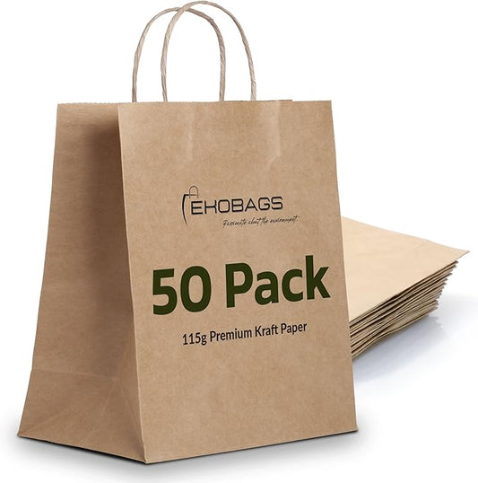 EKOBAGS Granvia | 10x7x12 inches | 50-Pack Kraft Paper Gift Bags with Handles | 115 GSM Brown Paper Bags for Small Business, Shopping & Party Favors | Recyclable | Holds up to 13.8L/8 lbs