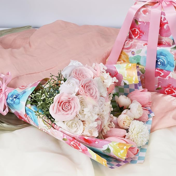 LaRibbons Reversible Floral Wrapping Paper Roll, 17 Inch x 33 Feet (46.7 Sq. Ft) Double-Sided Colorful Watercolor Rose and Colorful Checkered Design for Wedding, Mother’s Day, Bridal Shower, Easter