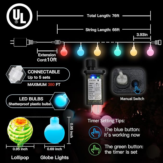 suddus Pastel Christmas Lights, 66ft 200 Led Connectable Globe String Lights Indoor with Timer, Fairy Lights Plug in for Xmas Tree, Bedroom, Party, Room, Classroom, Patio, Outdoor, Easter Decoration