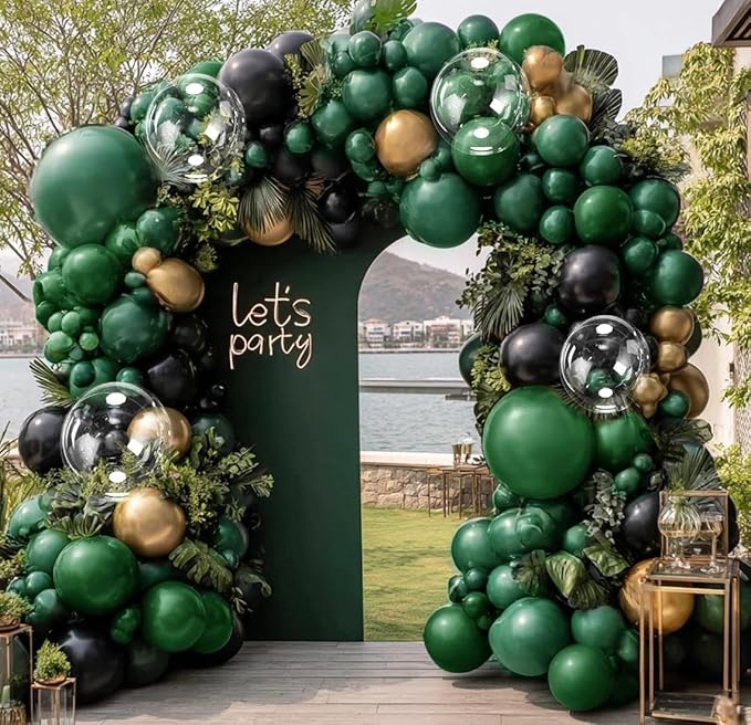 Dark Green Black Balloon Arch Double Stuffed Emerald Hunter Green Black Gold Balloon Garland Kit for Birthday Christmas Wedding Bridal Baby Shower Jungle Graduation New Year Party Decor
