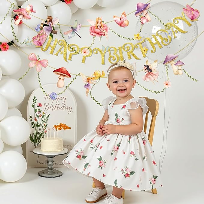 SUNBEAUTY Fairy Garden Birthday Banner Butterfly Mushroom Floral Party Decor for Girls Baby Shower, First Birthday, Summer Fall Theme Celebration, Outdoor Indoor Fairy Tale Decorations