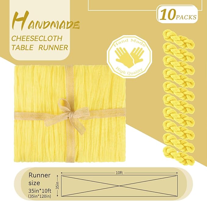 10 Packs Cheesecloth Table Baby Yellow, 10Ft x 35" Light Yellow Rustic Gauze Boho Wedding Table Runner Decoration, Wedding Table Decor Table Cloth for Wedding Party Bridal Shower Table