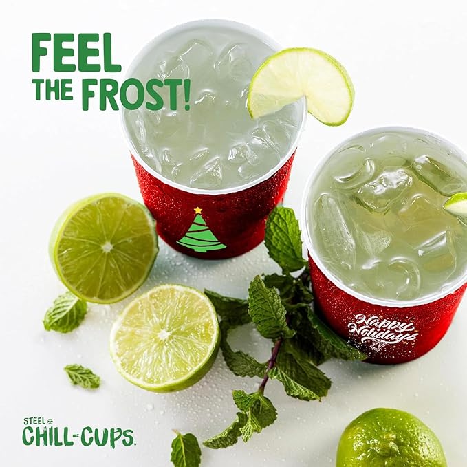 16 oz. Party Cups 'Happy Holidays' Christmas Tree Design for Cold Drinks, Durable, Disposable, Recyclable, Made in USA, Red, 12 Count