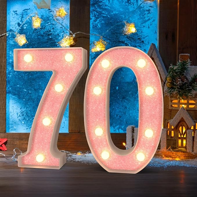 Marquee Numbers Light up Numbers, 0-9 Number Battery Powered LED Light, Pink Glitter Plastic Numbers for 70th Birthday Decorations, Number Decor for Graduation Engagement Wedding Birthday (Number 70)