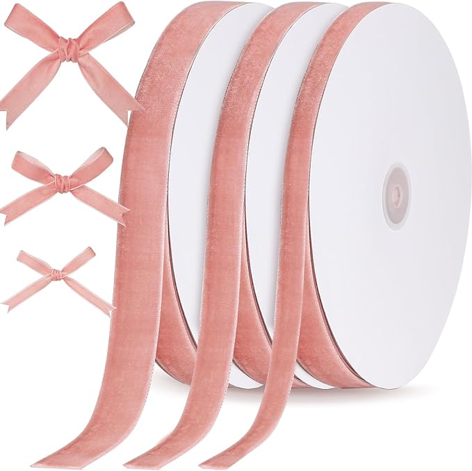 Yilloog 3/8'' 5/8'' 1'' 90 Yards Christmas Velvet Ribbon Vintage Satin Fabric Velvet Ribbon Roll for Christmas Tree Ornaments Decoration Gift Wrapping Bow DIY Crafts (Rose Gold)