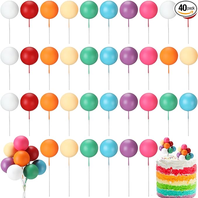 Sieral 40 Pcs Mini Balloon Cake Toppers Colorful Rainbow Cake Topper Round Foam Balls Cupcake Toppers for Birthday Baby Shower Wedding Party Decorations
