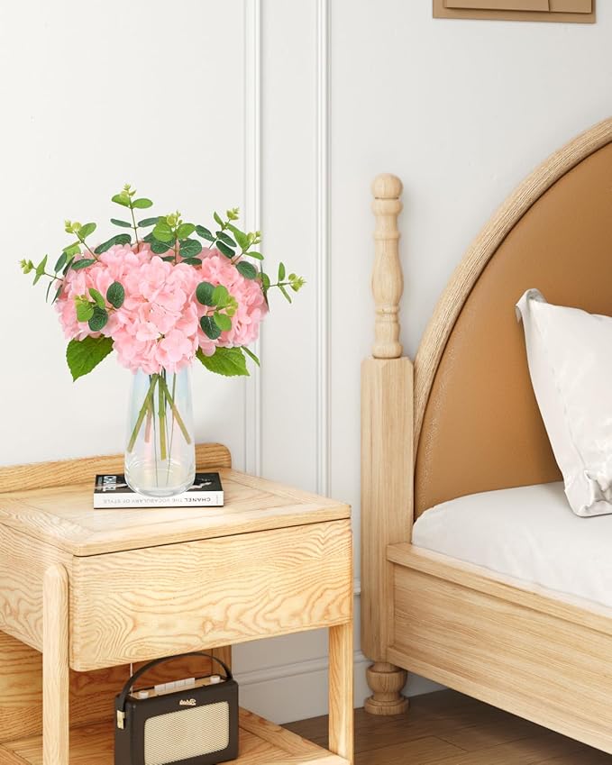 Tifuly Fake Hydrangea Artificial Flowers with Vase 4pcs Real Touch Faux Hydrangea with 3pcs Eucalyptus Stems for Wedding Centerpiece Home Party Table Decoration（Pink）