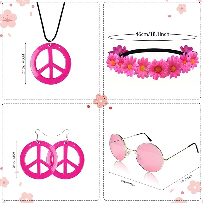 Hippie Costume Set Includes Peace Sign Necklace and Earring, Flower Crown Headband and Sunglasses 60s 70s Party Accessories
