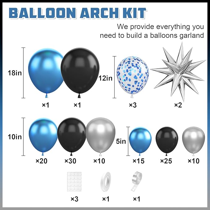 Blue Silver Black Balloon Arch Kit,Balloon Garland with Blue Confetti Star Foil Balloons for Graduation Baby Shower Birthday Anniversary Retirement Party Decorations