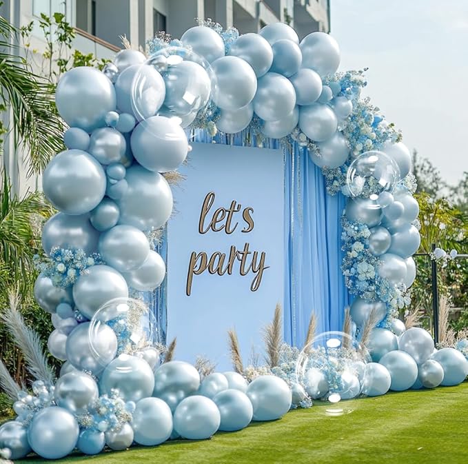 Pearl Blue Balloon Arch Double Stuffed Pastel Light Baby Blue Metallic Balloon Garland Kit Different Sizes 12/10/5in With Clear Bobo Balloons for Birthday Wedding Bridal Baby Shower Summer Party Decor