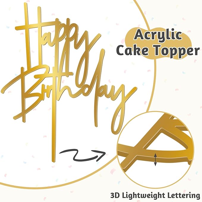 1PCS Gold Birthday Cake Topper, 5.3 x 7.2 Inches Acrylic Happy Birthday Cake Sign, Glitter Mirror Cake Topper Decorations for Anniversary, Bridal Shower, Birthday Party Supplies