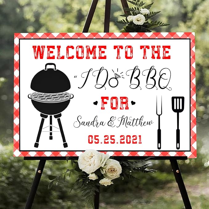 I Do BBQ Welcome Decoration - Printed Barbeque Sign for Engagement Party, Red Gingham Couples Shower