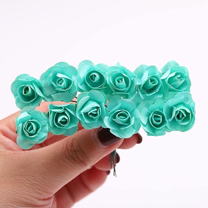 144pcs Mulberry Paper Mini Roses Artificial Flowers Heads with Stems for DIY Crafts Accessories Make Bridal Hair Clips Headbands Dress Wedding Bridal Bouquets Party Home Decor Valentine's (Mint Green)