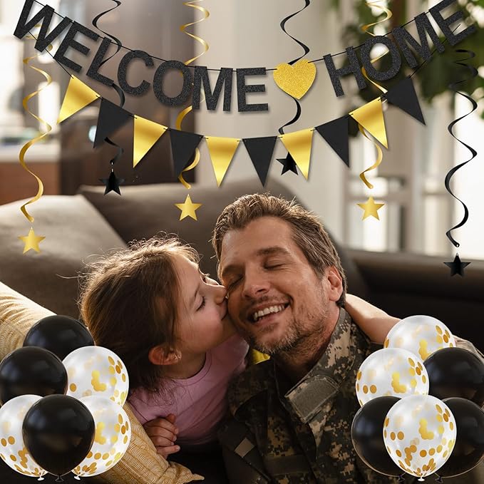 Welcome Home Banner Decorations with Welcome Home Sign, Garland, Balloons and Hanging Swirls for Military Homecoming Deployment Returning, Welcome Home Party Supplies