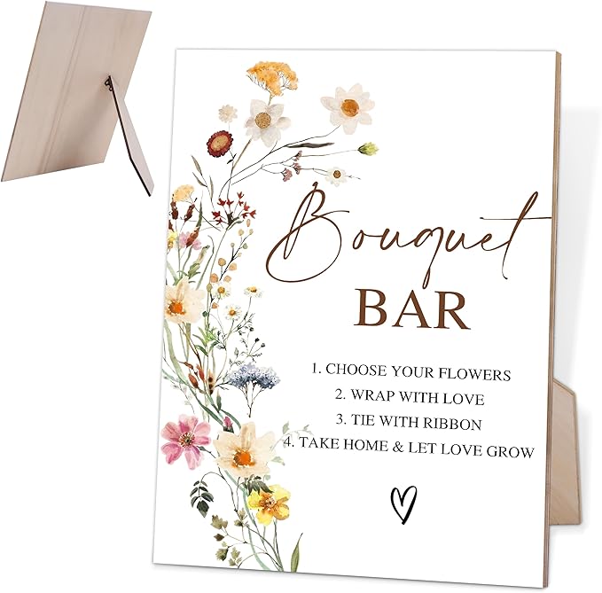 Flower Bouquet Bar Sign, Wedding Decorations for Reception, Bridal Shower Party Decor, Table Centerpieces for Party, Wedding Guest Gifts, 6X8 Inch Wooden Bridal Shower Signs with Stand, 5