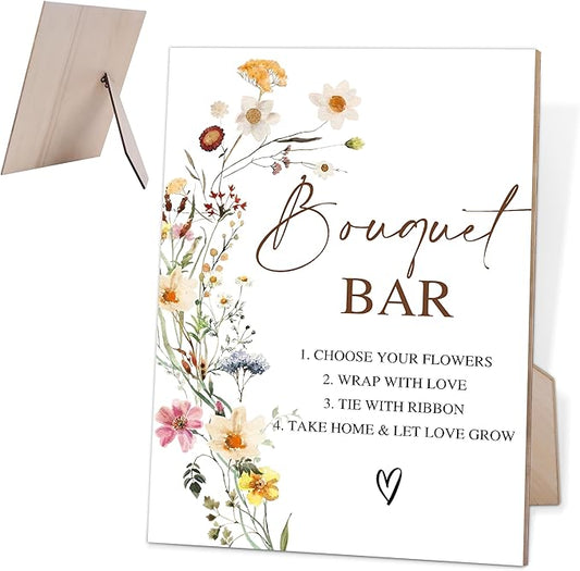 Flower Bouquet Bar Sign, Wedding Decorations for Reception, Bridal Shower Party Decor, Table Centerpieces for Party, Wedding Guest Gifts, 6X8 Inch Wooden Bridal Shower Signs with Stand, 5