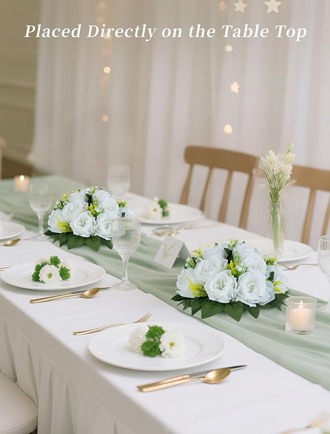 BLOSMON White Flowers for Wedding Centerpieces: 10 Pcs Artificial Roses Flower Balls for Table - Fake Silk Kissing Bouquet Floral Arrangement Center for Home Party Event Decor
