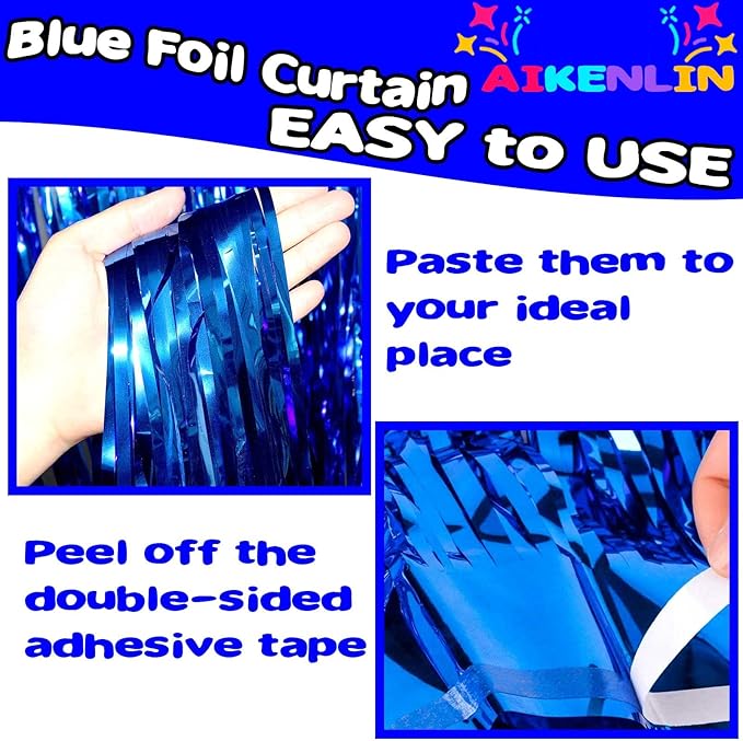 4 Pack 3.2Ft x 9.8Ft Blue Foil Fringe Curtain Backdrop, Metallic Tinsel Foil Fringe Streamers Curtains for Party, Photo Booth Props, Birthday, Wedding, Christmas Party Decoration Supplies
