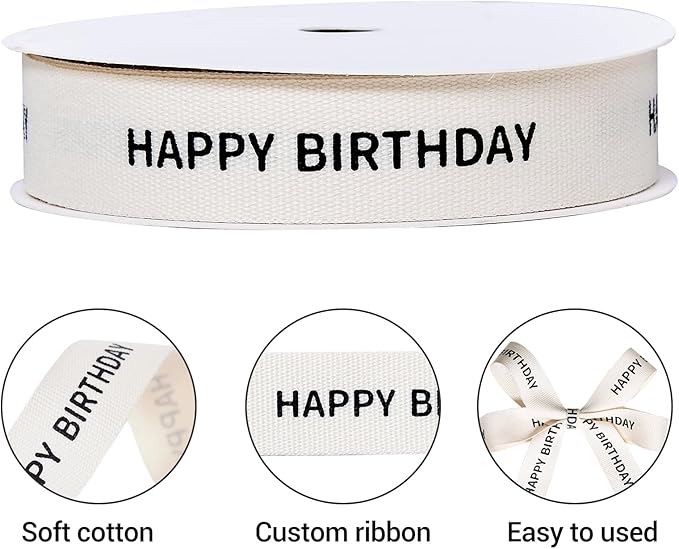 Ribest Black Happy Birthday Cotton Natural Ribbon for Gift Wrapping Crafts Flower Bouquet Baking Party Decoration 5/8 Inch x 10 Yard