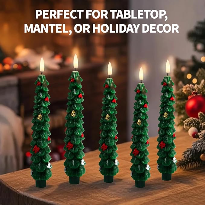 Flameless LED Christmas Tree Candles, 6 Pack – Battery Powered Holiday Lights with Warm Flickering Glow, Safe No-Flame Decor for Mantels, Dinner Parties, Family Gatherings & Gifting