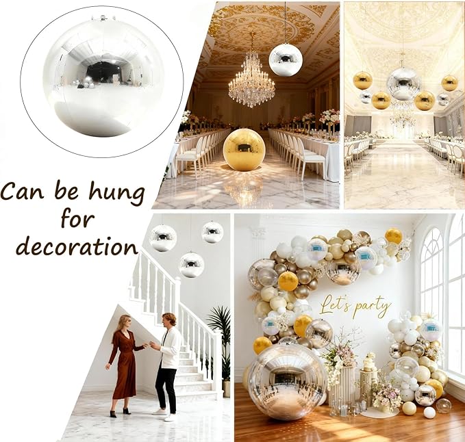 6PCS Silver Inflatable Mirror Ball,Big Shiny Balls Inflatable,Reusable PVC Mirror Balls,Large Hanging Balloon Disco Ball with Air Pump for Wedding Event Birthday Party Decor