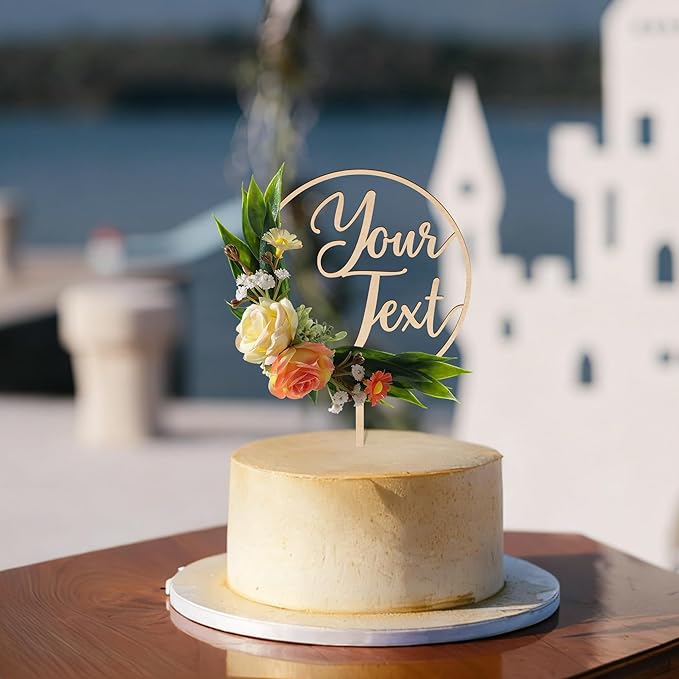 CustomText Wedding Cake Topper with 3D Artificial Flowers and Green Leaves Personalized Your Text Wooden Anniversary Engagement Cake Decoration