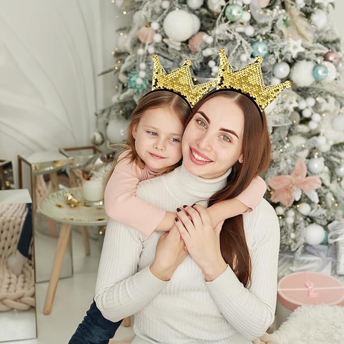 4 Pcs Sequins Crown Headband, Christmas Glitter Princess Crowns, Cute Shiny Gold Hair Band, Elastic Headwear Costume Decoration for Women Birthday Party Favors Tiaras Supplies