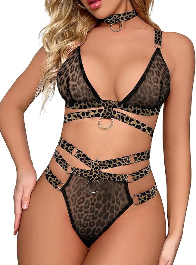 Lilosy Sexy Wireless Choker O Ring Linked Strappy Harness Lingerie Set Outfits 3 Piece