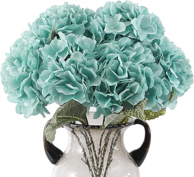 Kimura's Cabin Fake Flowers 2 Pcs Vintage Artificial Silk Hydrangea Flowers Bouquets 5 Heads for Home Table Centerpieces Wedding Party Decoration (Tiffany, Pack of 2)